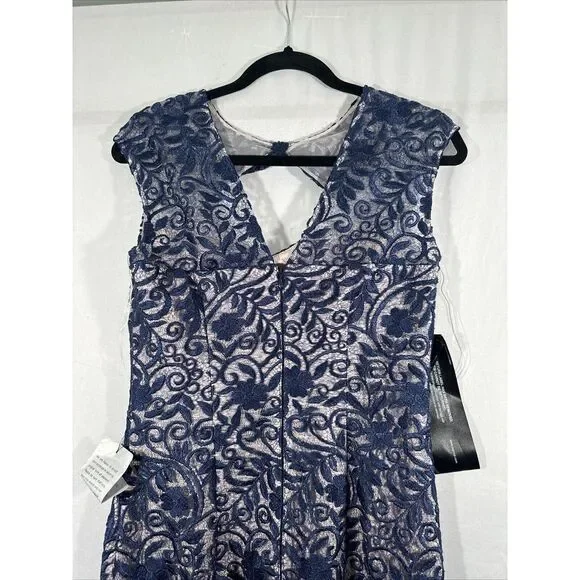 NEW $268 JS Collections [ 4 ] Daniela Bow Tea Length Dress Navy Blue/Blush Q1050